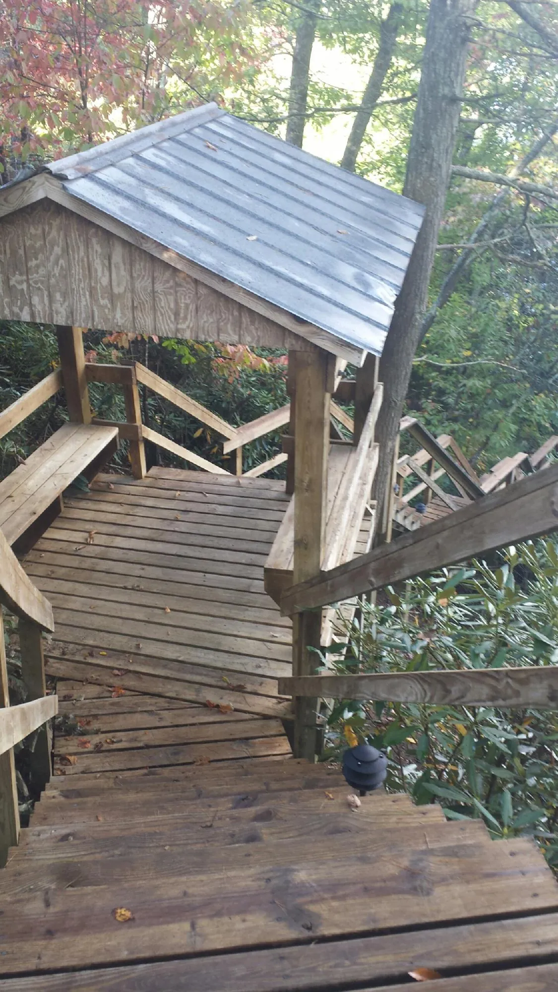 Metal roofed shelter over wooden steps on a wooded walkway — Skylight Repair & Installation work by our crew in Moundville